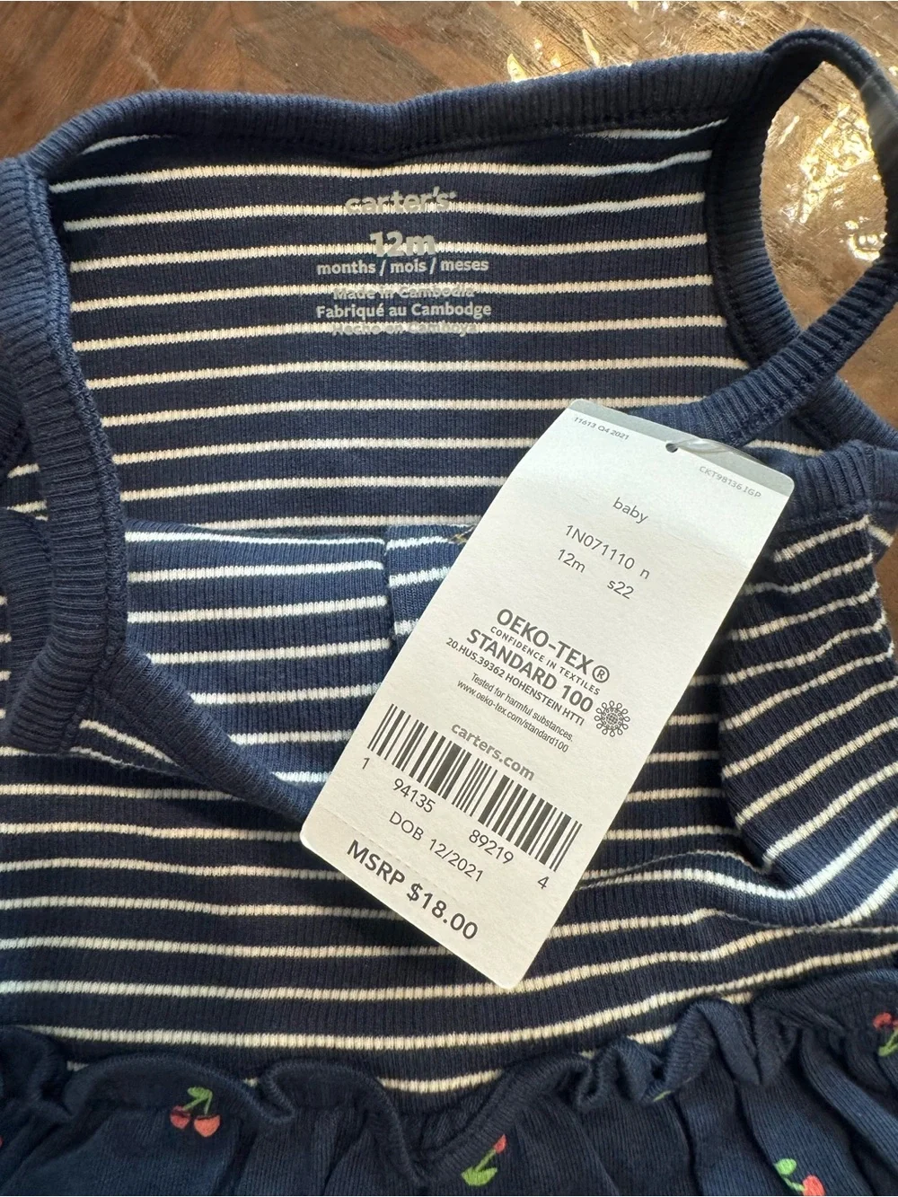 Carter's Navy & White Striped Romper Dress with Cherry Print